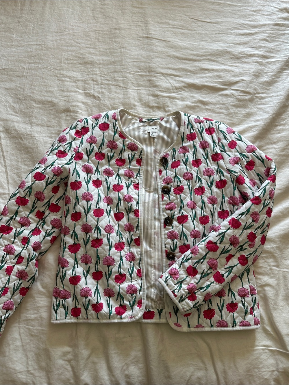 J. Crew White Quilted Utility Jacket with Pink Floral Print